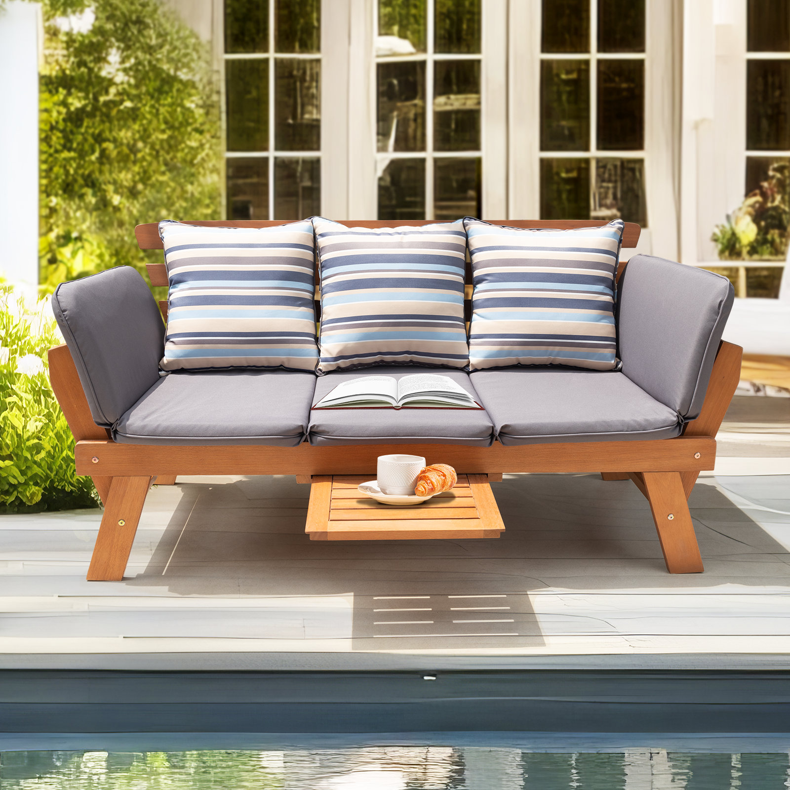 George Oliver Katinka Eucalyptus Outdoor Daybed Sofa with Folding Armrest Coffee Tray with 3 Pillows Reviews Wayfair